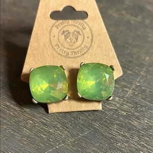 Large Lime Green Cushion Cut‎ Stud Earrings. antiques metal setting